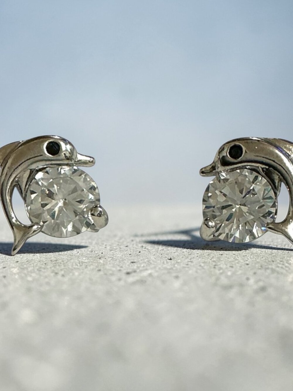 Dolphin Cubic Zirconia Stud Earrings Silver Tone Accents Post Back For Pierced E